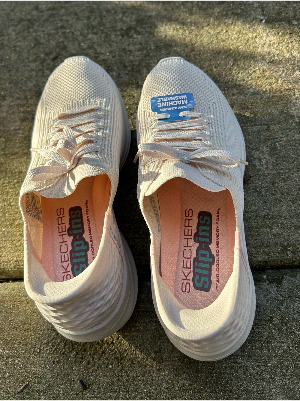 Skechers Women’s Light Beige Knit Lace-Up Slip-On Sneakers - Picture 3 of 5